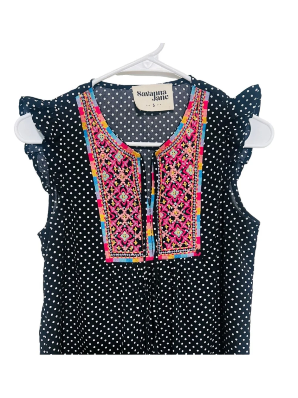 Savanna Jane Embroidered Top Women’s Small Black Polka Dot Boho Peasant Blouse